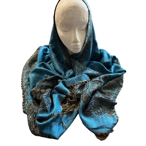 Pashmina blue black paisley Pashmina Silk blanket scarf with fringe - Picture 1 of 5